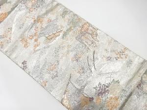 佐賀錦　屋敷風景に几帳・鴛鴦・草花模様織り出し　袋帯